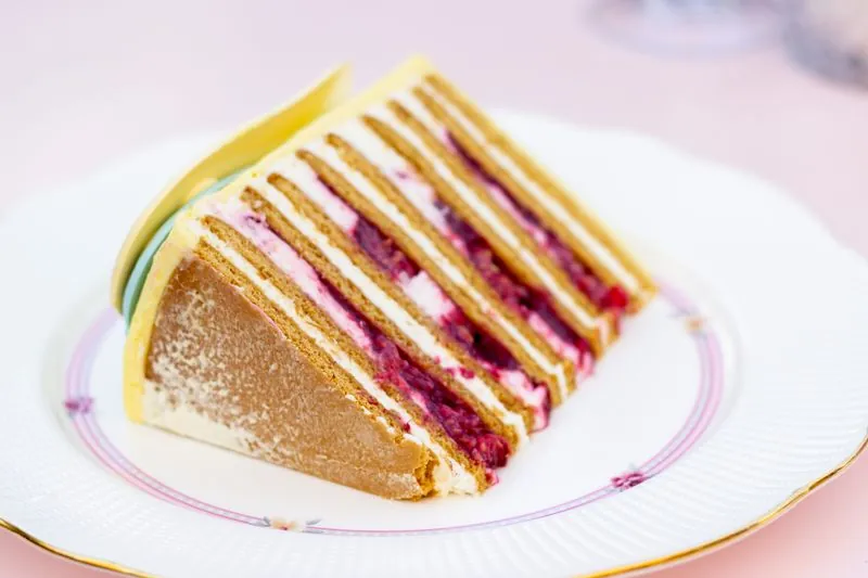 A slice of layered cake with pink and green layers